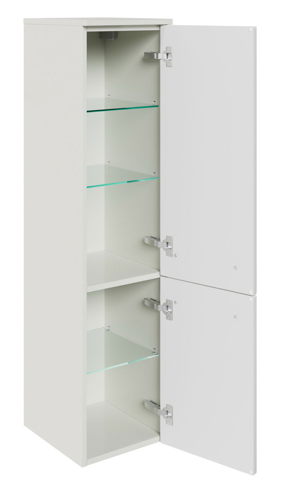 Sadena Midischrank PLAKA Weißer Midischrank mit zwei geöffneten Türen und Glasböden, seitliche Perspektive