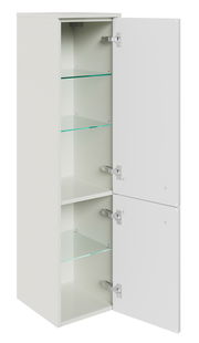 Weißer Midischrank mit zwei geöffneten Türen und Glasböden, seitliche Perspektive