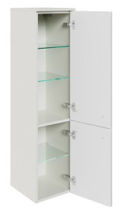Weißer Midischrank mit zwei geöffneten Türen und Glasböden, seitliche Perspektive