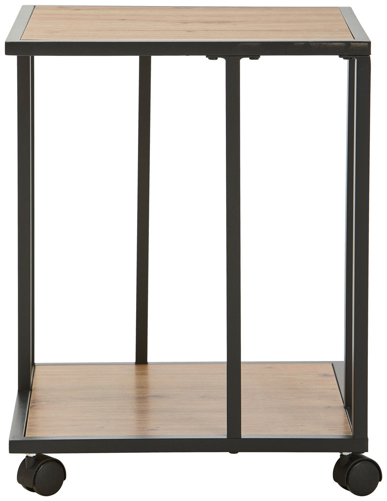 Moderner Beistelltisch XORA KARA mit Holzplatte und Metallrahmen, auf Rollen, Frontalansicht