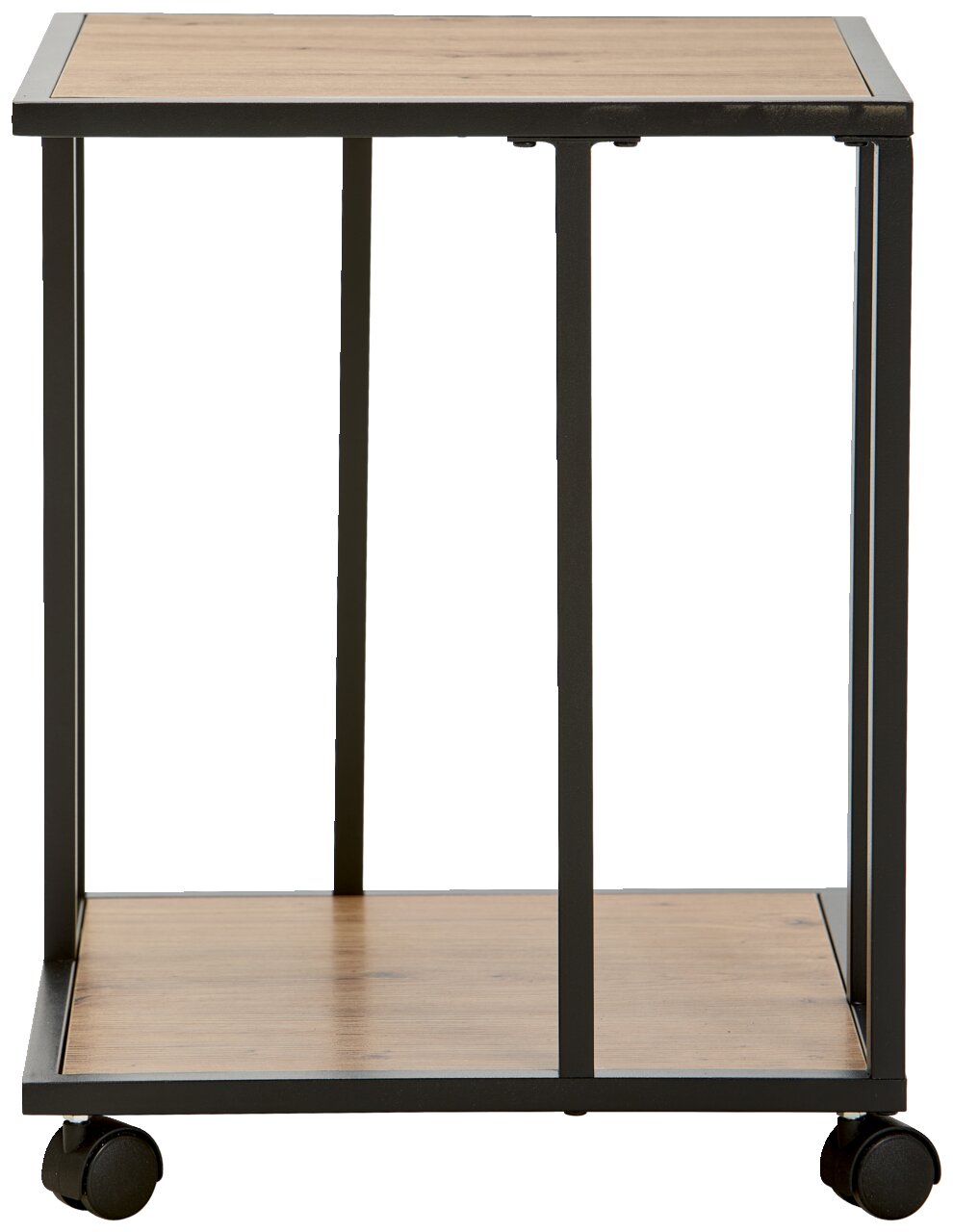 Moderner Beistelltisch XORA KARA mit Holzplatte und Metallrahmen, auf Rollen, Frontalansicht