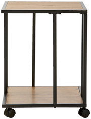 Moderner Beistelltisch XORA KARA mit Holzplatte und Metallrahmen, auf Rollen, Frontalansicht