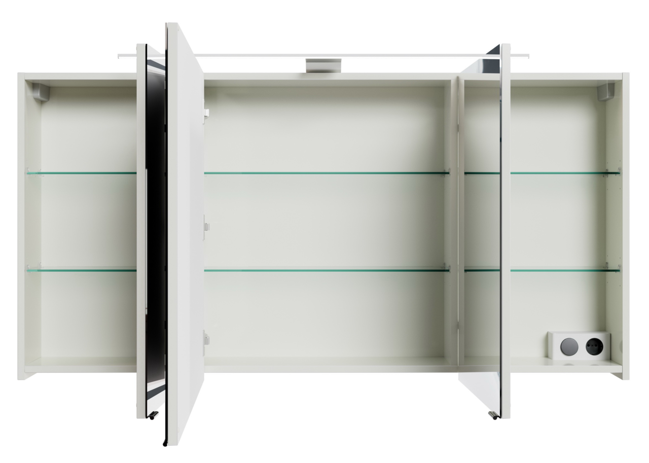 Geöffneter Spiegelschrank mit drei Türen und Glasböden, frontal betrachtet.