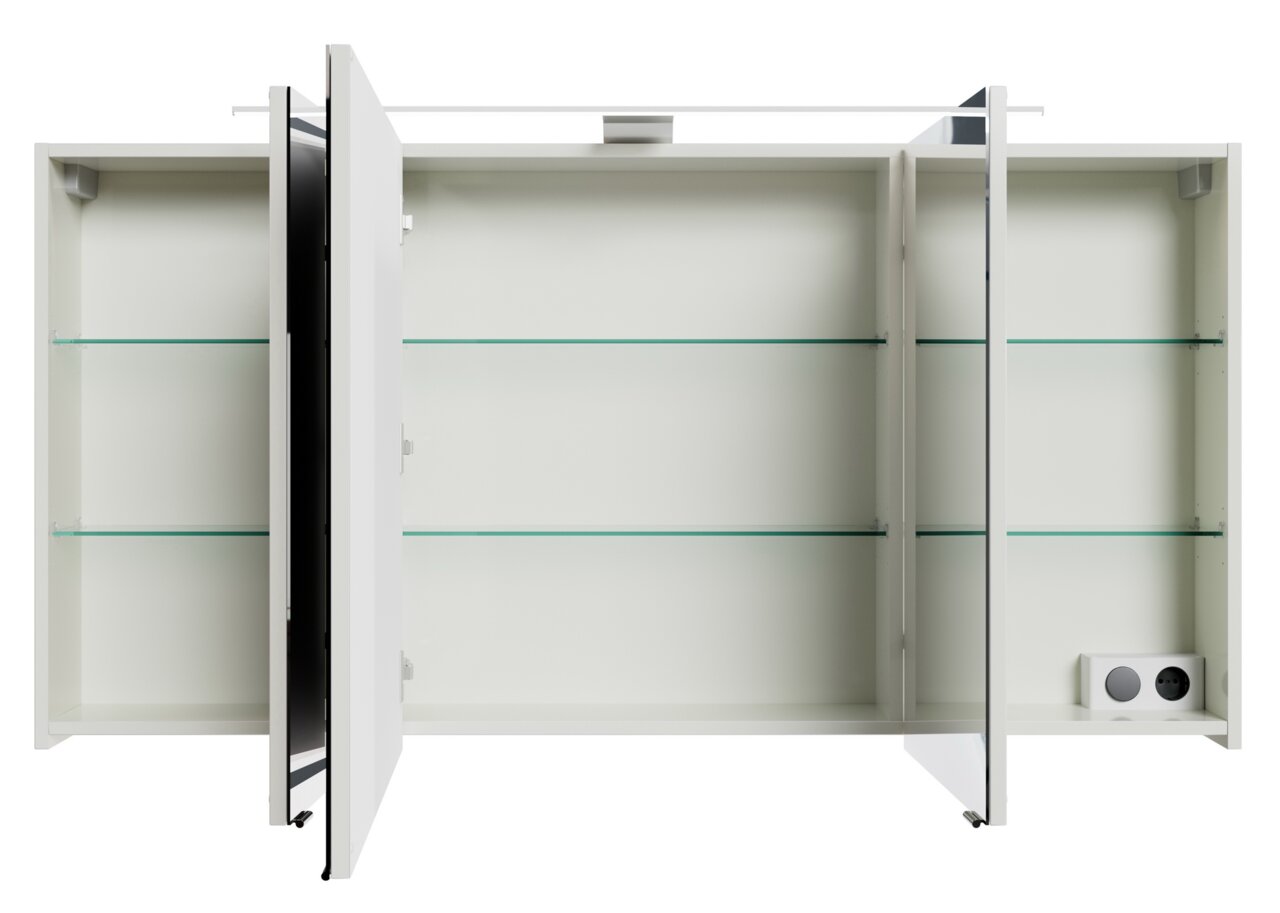 Open spiegelkast met drie deuren en glazen planken, gezien vanaf de voorkant.
