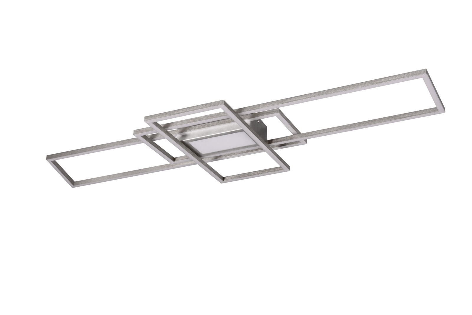 Moderne LED-Deckenleuchte aus gebürstetem Metall mit überlappenden rechteckigen Rahmen und weißem Diffusor, schräg von unten in Perspektive auf weißem Hintergrund