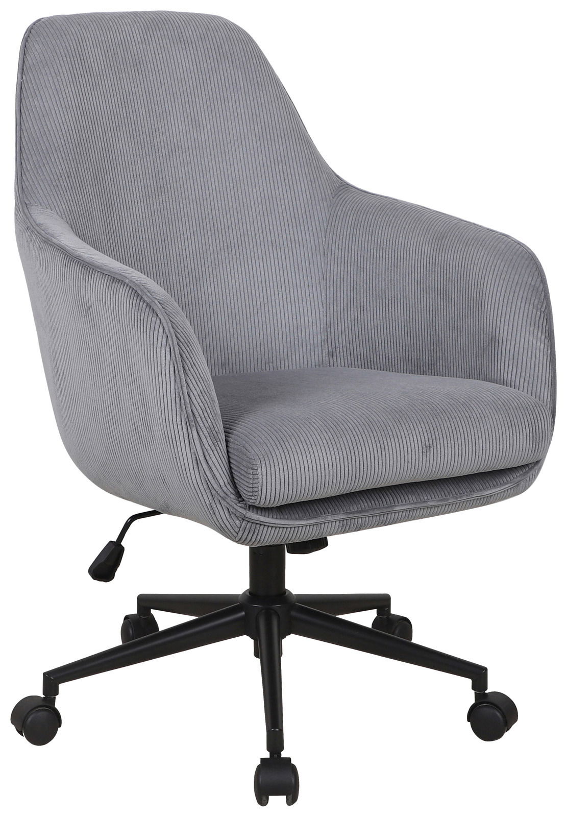 Grauer Drehstuhl mit Armlehnen und Rollen, seitliche Perspektive