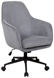 Grauer Drehstuhl mit Armlehnen und Rollen, seitliche Perspektive