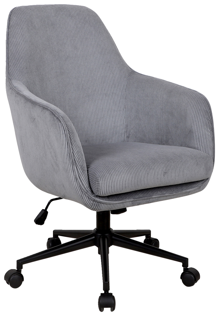 Grauer Drehstuhl mit Armlehnen und Rollen, seitliche Perspektive