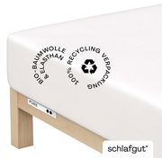 Spannbettlaken aus Bio-Baumwolle und Elasthan, 100% recycelbare Verpackung, seitliche Perspektive