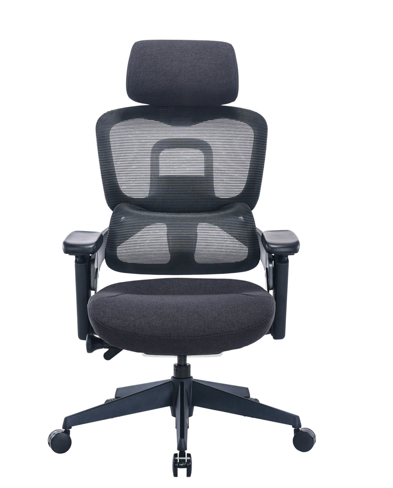 Ergonomischer Drehstuhl mit Netzrückenlehne und Kopfstütze, Vorderansicht