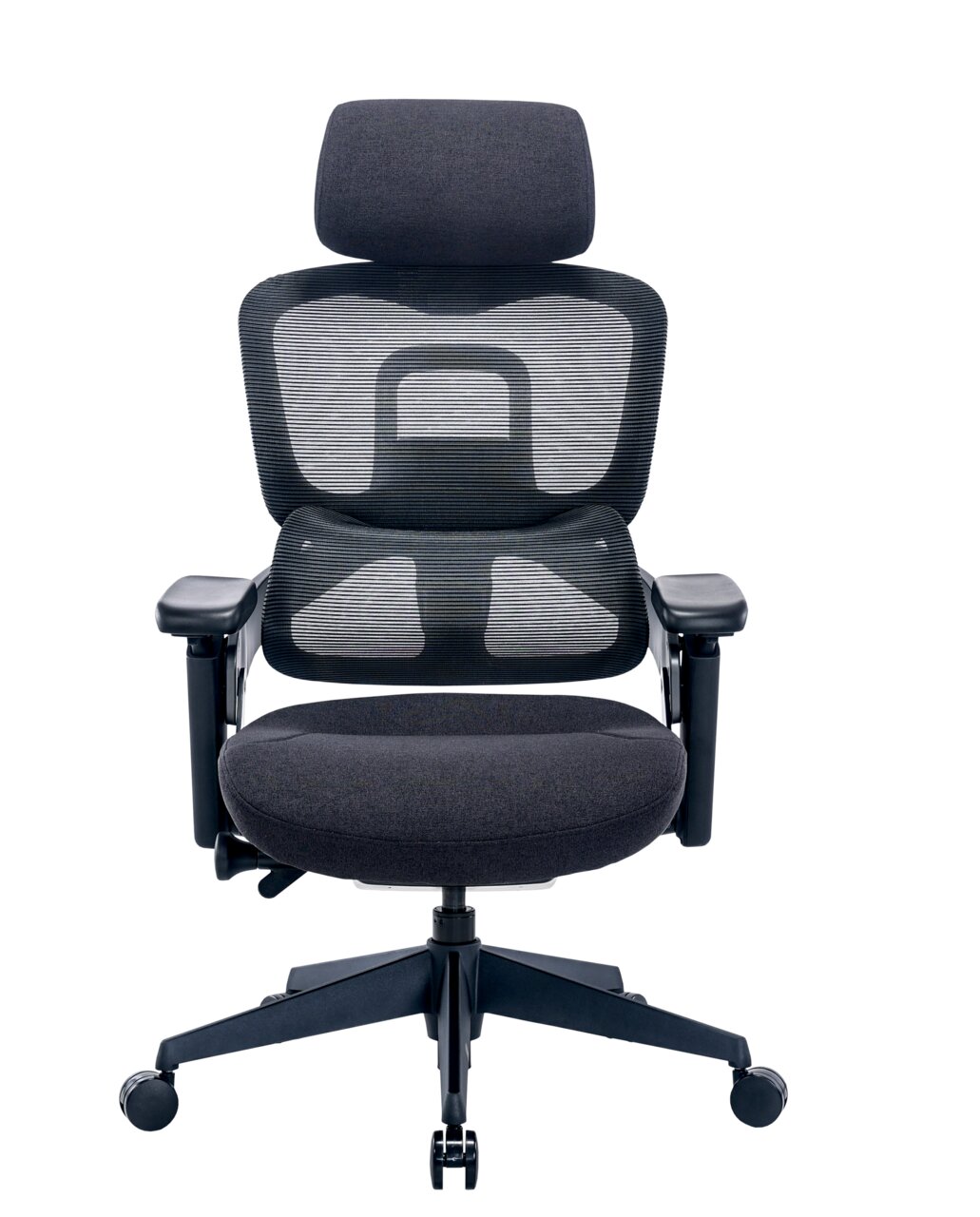 Ergonomischer Drehstuhl mit Netzrückenlehne und Kopfstütze, Vorderansicht
