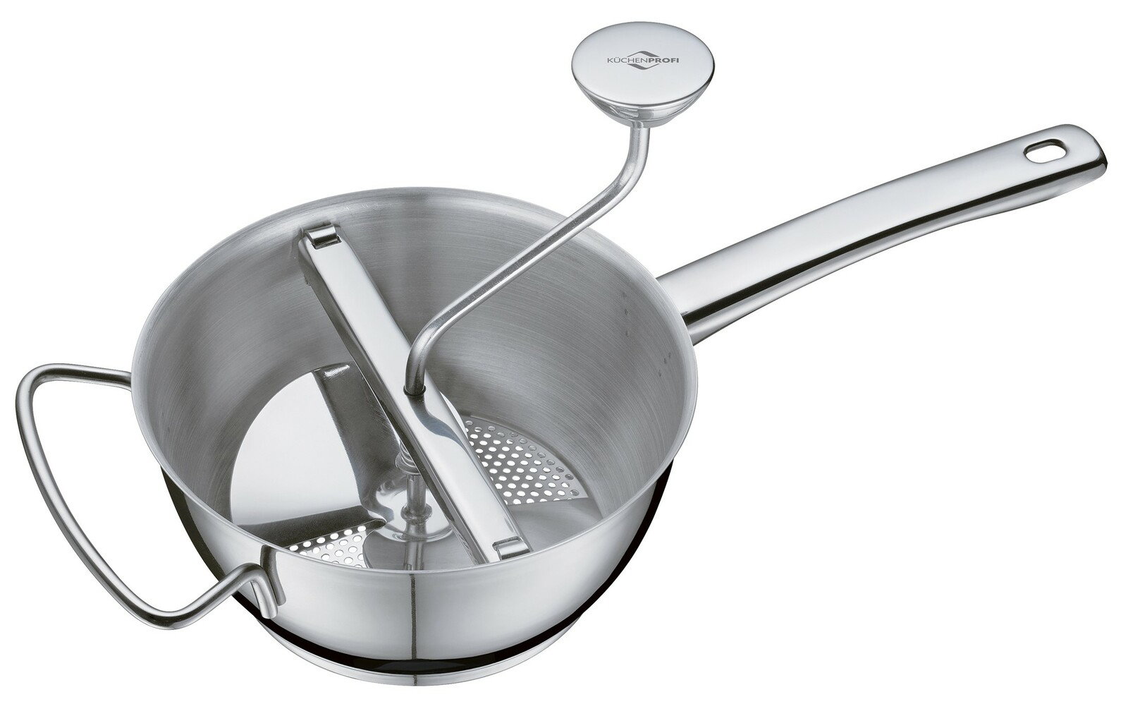 KÜCHENPROFI Passiergerät TRIO Passiergerät aus Edelstahl mit Kurbel, seitlicher und oberer Perspektive