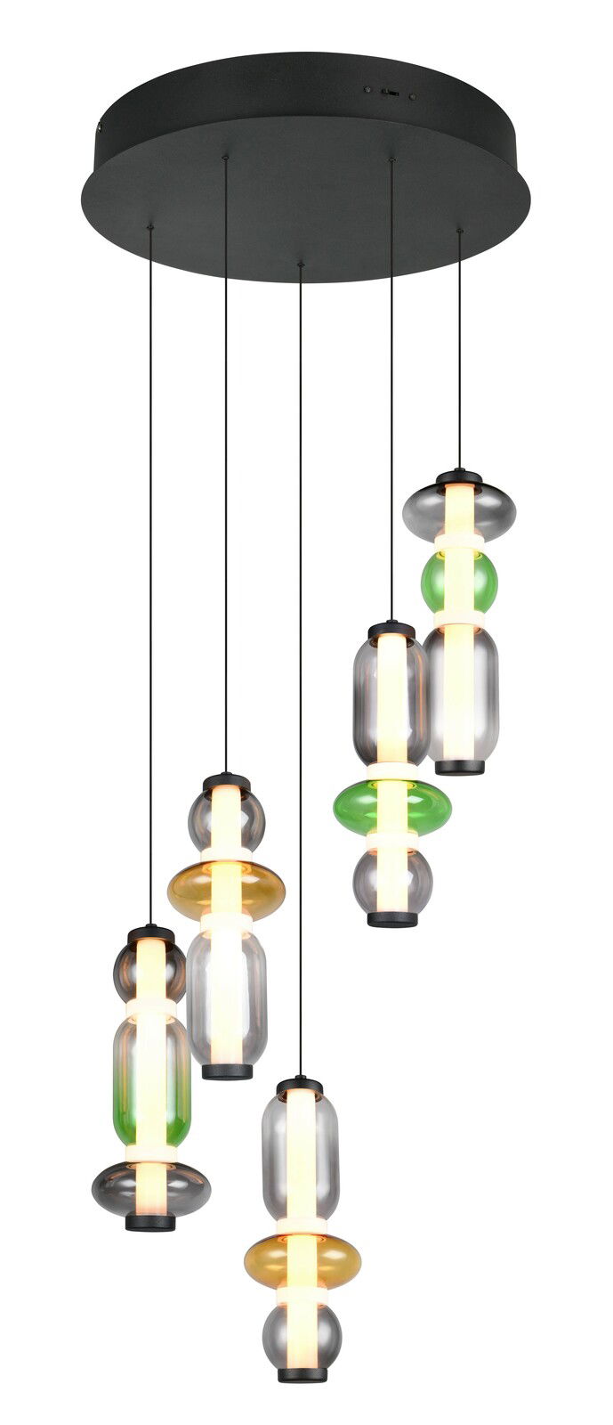 Trio Leuchten Pendelleuchte MINERVA Moderne Pendelleuchte mit mehreren farbigen Glaselementen, von unten betrachtet.