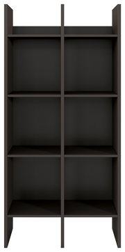 Frontale Ansicht eines schwarzen Regalelements mit sechs Fächern.