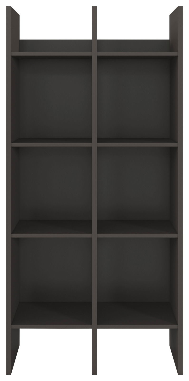 Frontale Ansicht eines schwarzen Regalelements mit sechs Fächern.