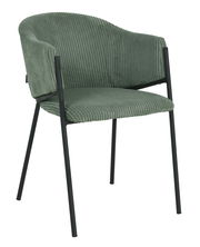 Grüner Armlehnstuhl mit geripptem Stoffbezug und schwarzen Metallbeinen, seitliche Perspektive