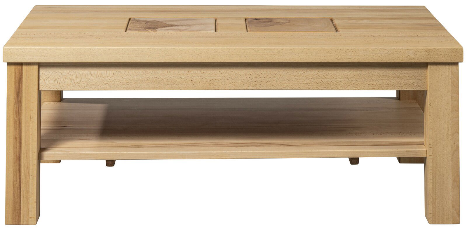 Frontale Ansicht eines Couchtisches aus hellem Holz mit zusätzlicher Ablagefläche unter der Tischplatte.