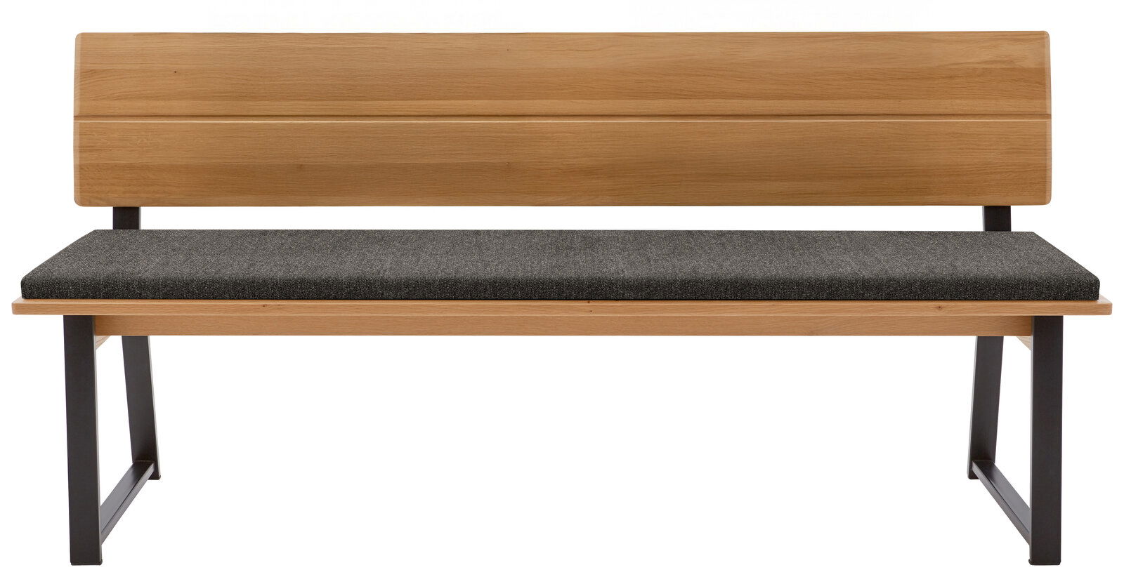 Holzbank mit Rückenlehne und grauem Polster, Vorderansicht