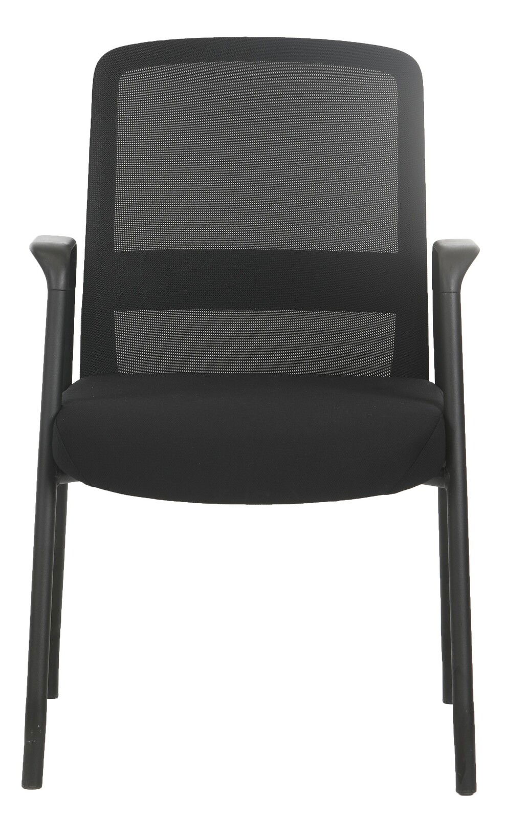 Schwarzer Besucherstuhl mit Netzrückenlehne, frontal fotografiert