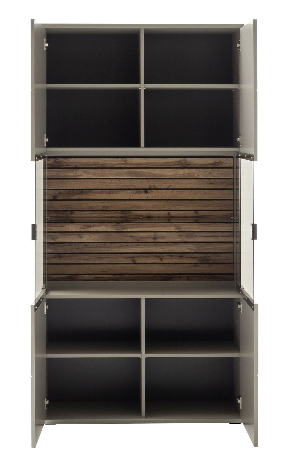 Frontansicht der Zurbrüggen Kombi-Vitrine LÜTTICH mit offenen Türen, zeigt mehrere Fächer und eine Holzrückwand.