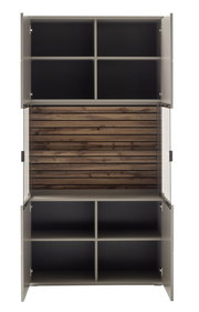 Frontansicht der Zurbrüggen Kombi-Vitrine LÜTTICH mit offenen Türen, zeigt mehrere Fächer und eine Holzrückwand.