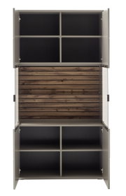 Frontansicht der Zurbrüggen Kombi-Vitrine LÜTTICH mit offenen Türen, zeigt mehrere Fächer und eine Holzrückwand.