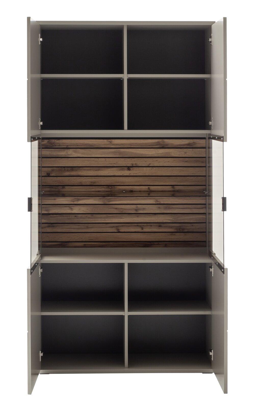 Frontansicht der Zurbrüggen Kombi-Vitrine LÜTTICH mit offenen Türen, zeigt mehrere Fächer und eine Holzrückwand.