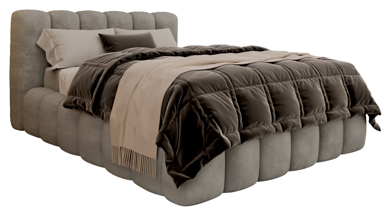 Seitliche Perspektive auf ein elegantes Polsterbett mit weicher, gepolsterter Kopf- und Fußteil, sowie luxuriöser Bettwäsche in neutralen Tönen.