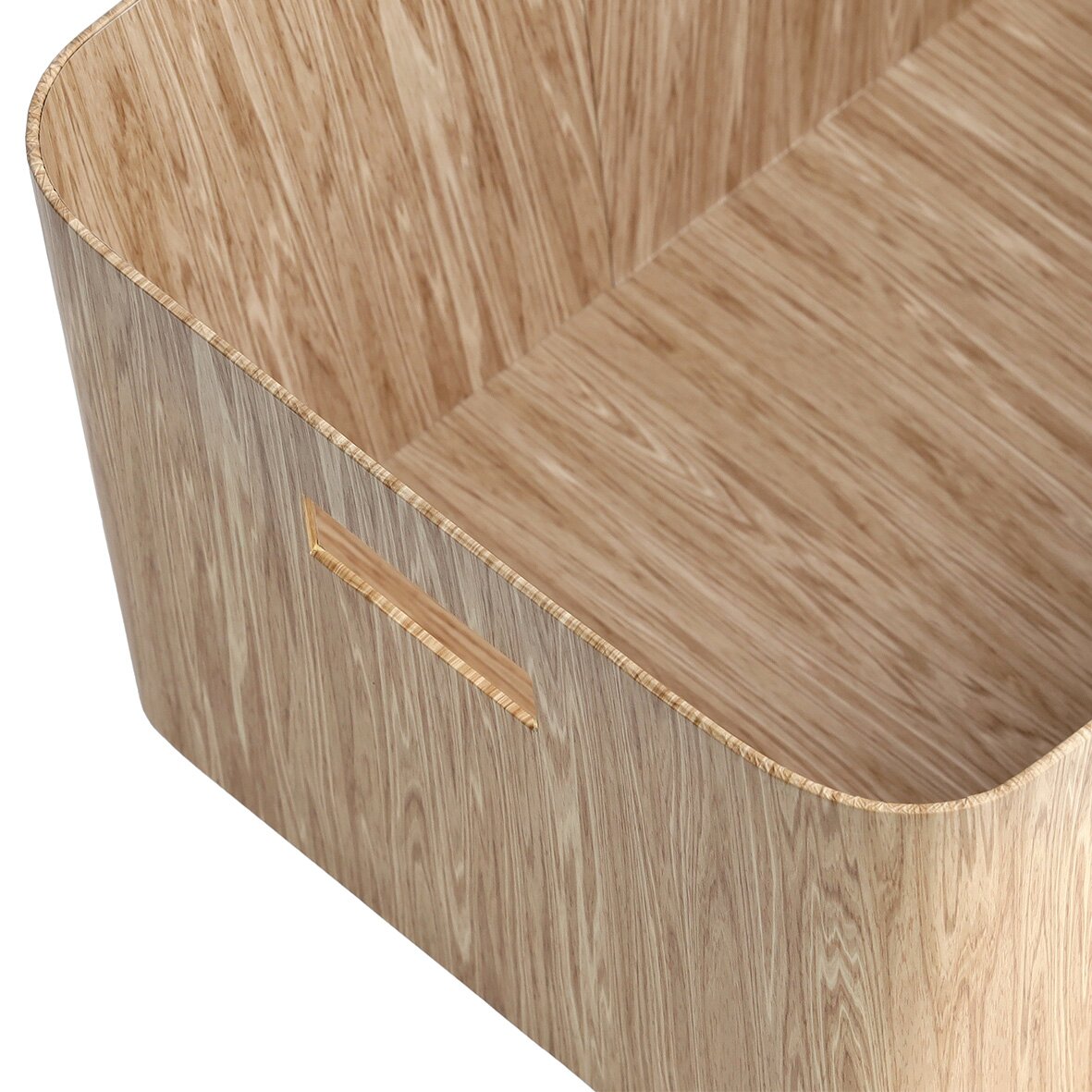 Aufbewahrungsbox aus Pappe mit Holzoptik, seitliche Perspektive