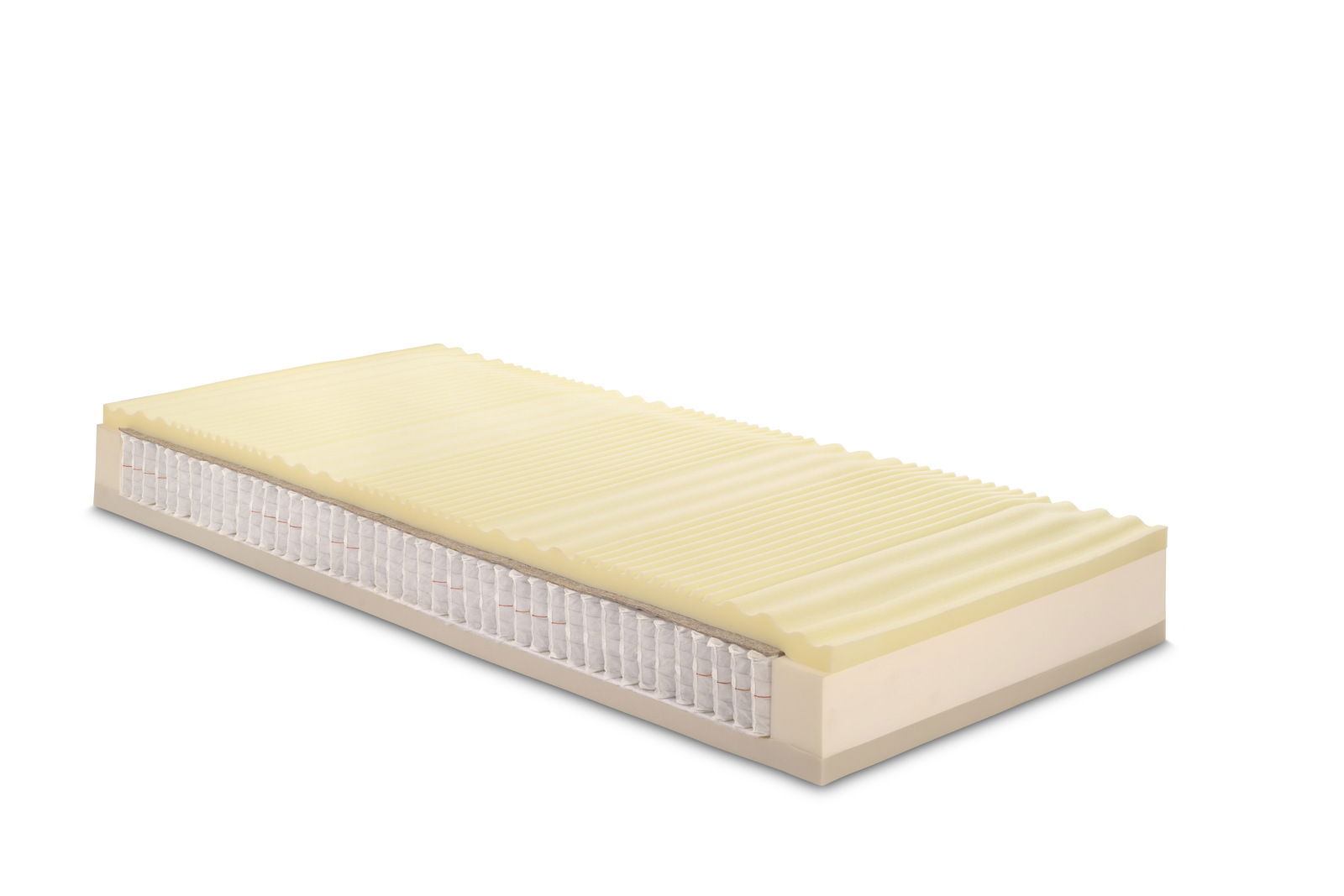 Taschenfederkernmatratze in seitlicher Perspektive mit sichtbarem Schaumstoff und Federkern.