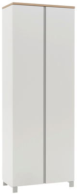 Moderner weißer Dielenschrank mit Holzoberfläche, frontal abgebildet.