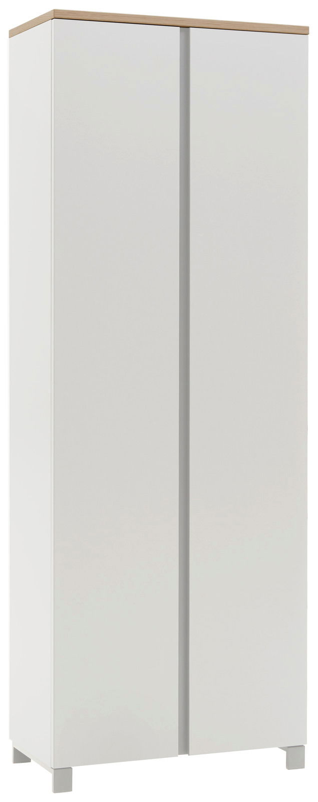Moderner weißer Dielenschrank mit Holzoberfläche, frontal abgebildet.