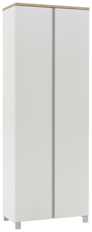 Moderner weißer Dielenschrank mit Holzoberfläche, frontal abgebildet.