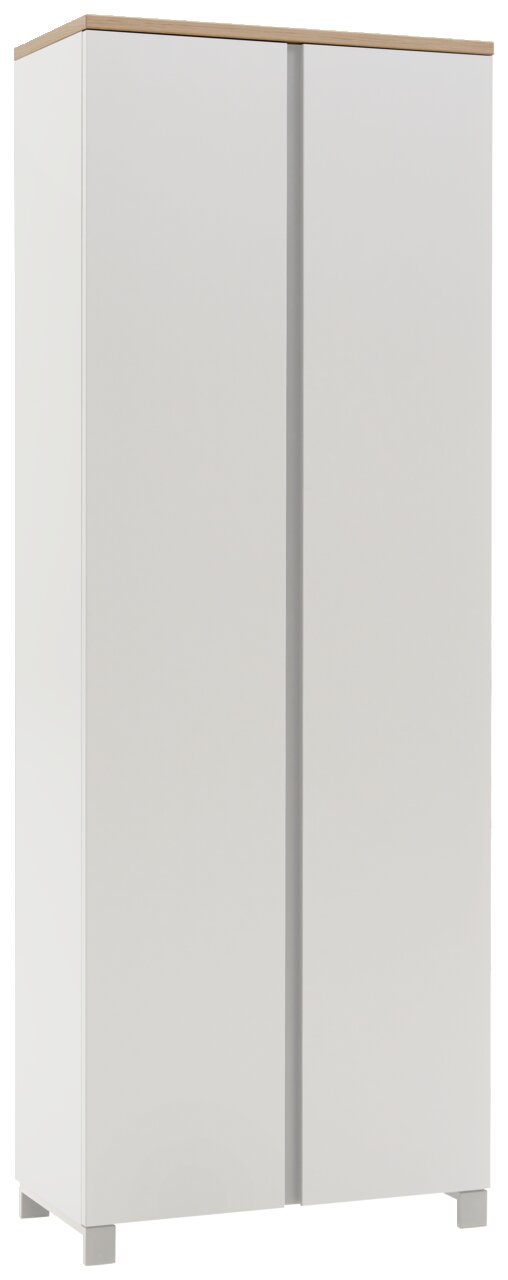 Moderner weißer Dielenschrank mit Holzoberfläche, frontal abgebildet.