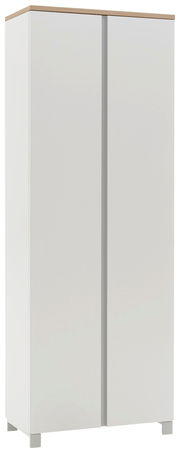 Moderner weißer Dielenschrank mit Holzoberfläche, frontal abgebildet.