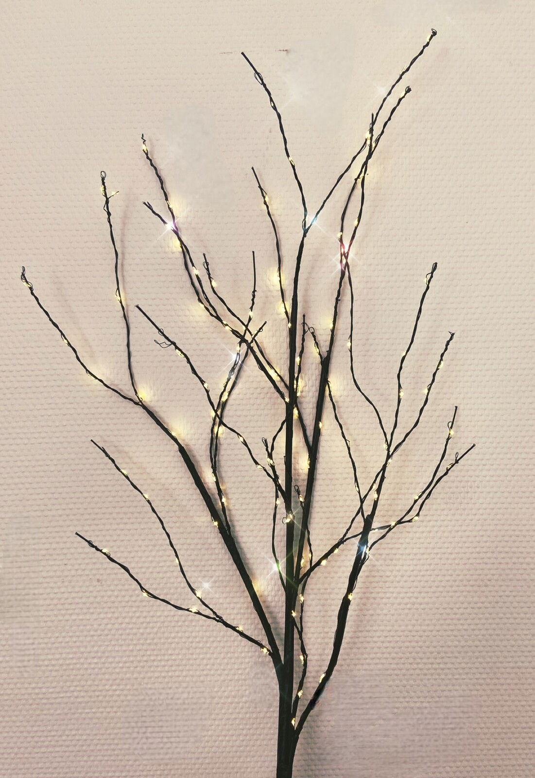 LED-Zweig mit warmweißen Lichtern, frontal fotografiert vor einer neutralen Wand.
