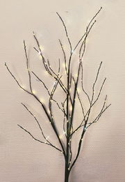 LED-Zweig mit warmweißen Lichtern, frontal fotografiert vor einer neutralen Wand.