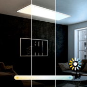 Rechthoekig LED plafondpaneel in moderne woonkamer met instelbare lichtkleur van warmwit naar koelwit; schuin van onderen gefotografeerd (kijkhoek naar het plafond).