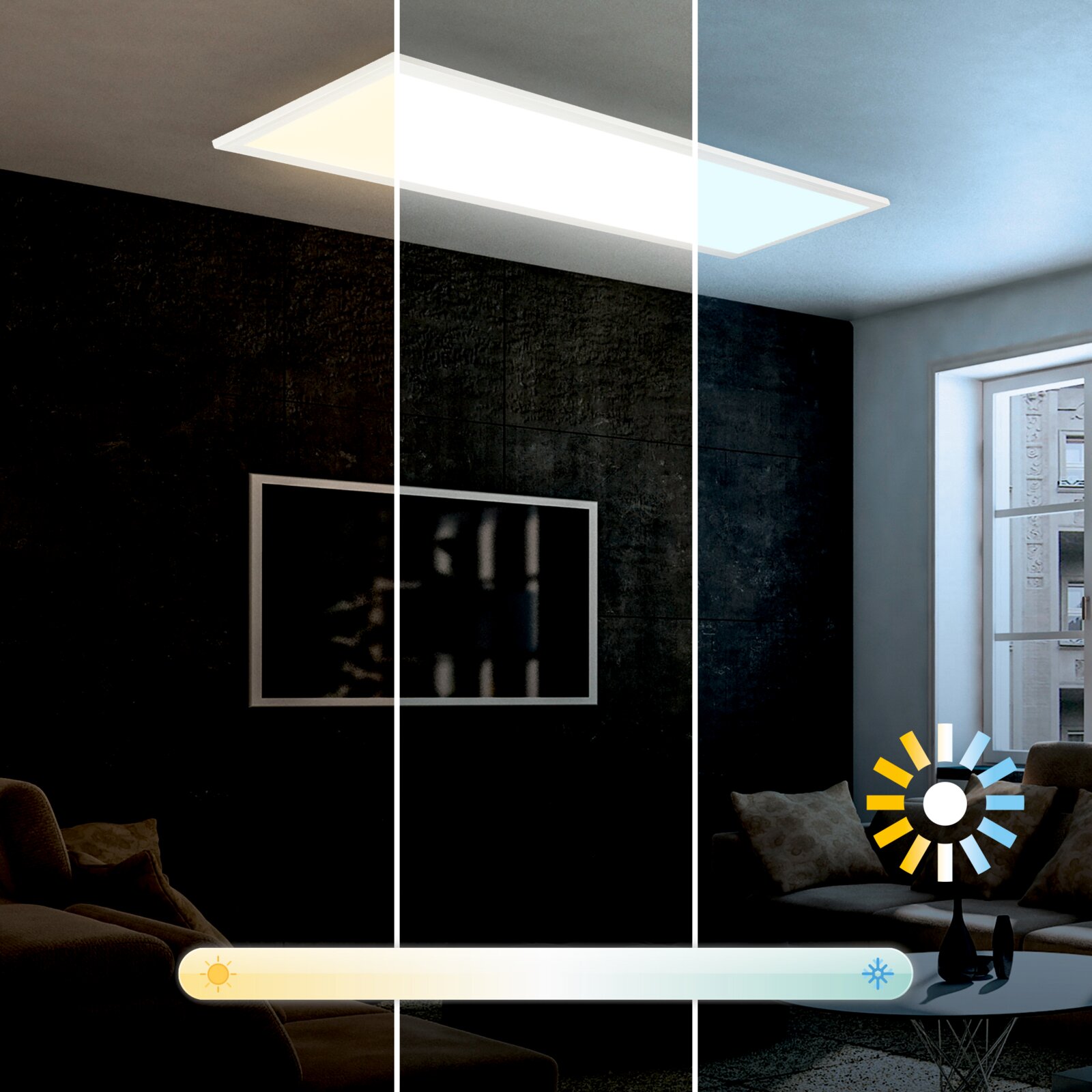 Rechthoekig LED plafondpaneel in moderne woonkamer met instelbare lichtkleur van warmwit naar koelwit; schuin van onderen gefotografeerd (kijkhoek naar het plafond).