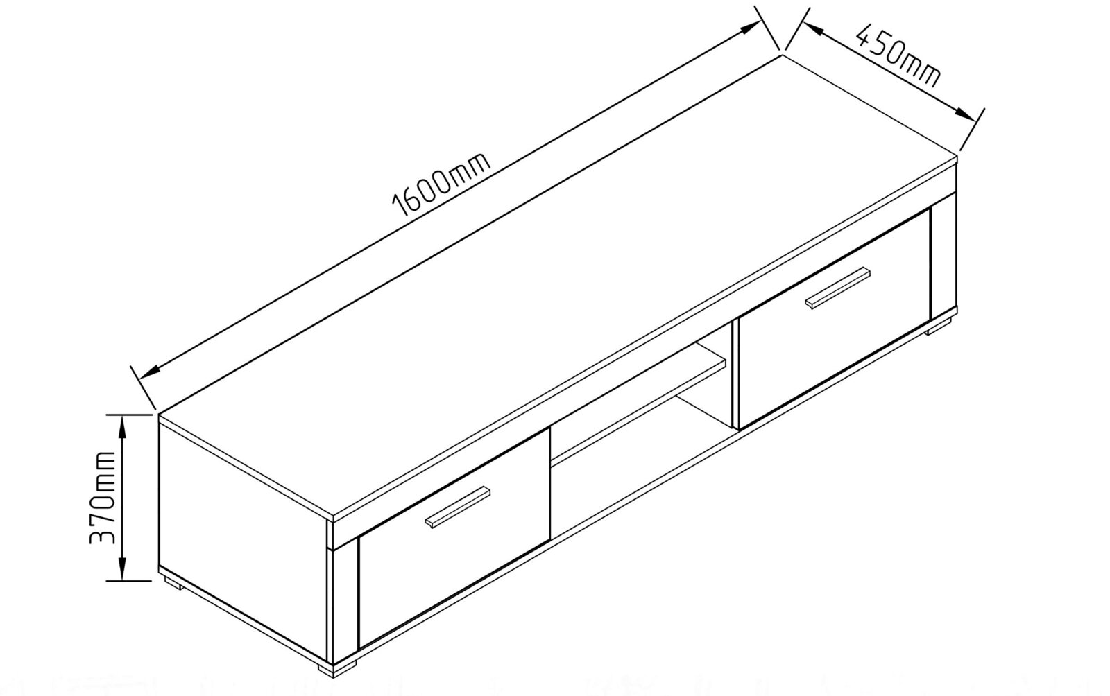 Technische Strichzeichnung eines niedrigen TV-Lowboards mit zwei Schubladen und offenem Mittelboden, Maße 1600 mm Breite, 450 mm Tiefe und 370 mm Höhe, dargestellt in schräger Perspektive von oben vorn rechts.