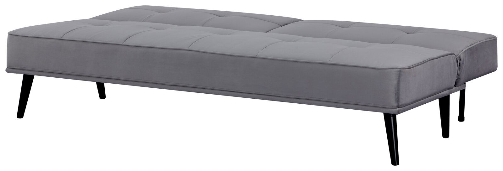 Graues Funktionssofa mit schwarzem Metallgestell, seitliche Perspektive