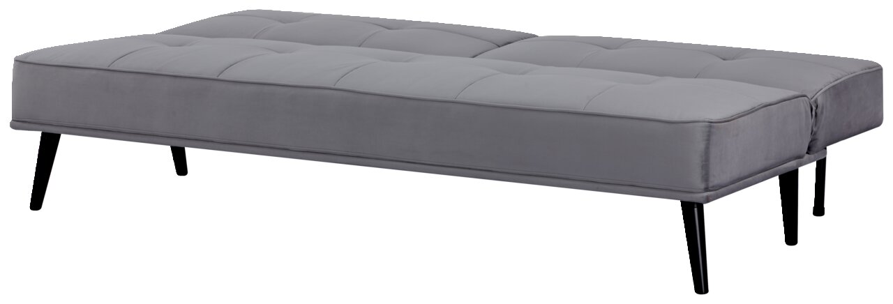 Graues Funktionssofa mit schwarzem Metallgestell, seitliche Perspektive