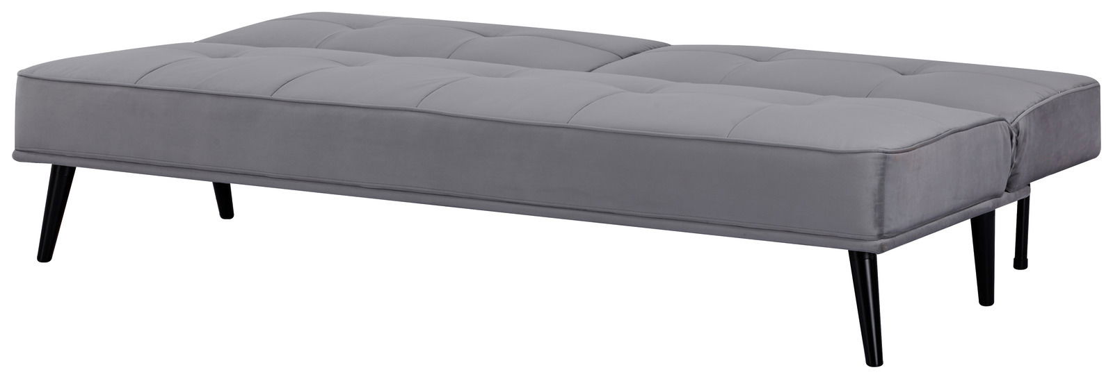 Graues Funktionssofa mit schwarzem Metallgestell, seitliche Perspektive