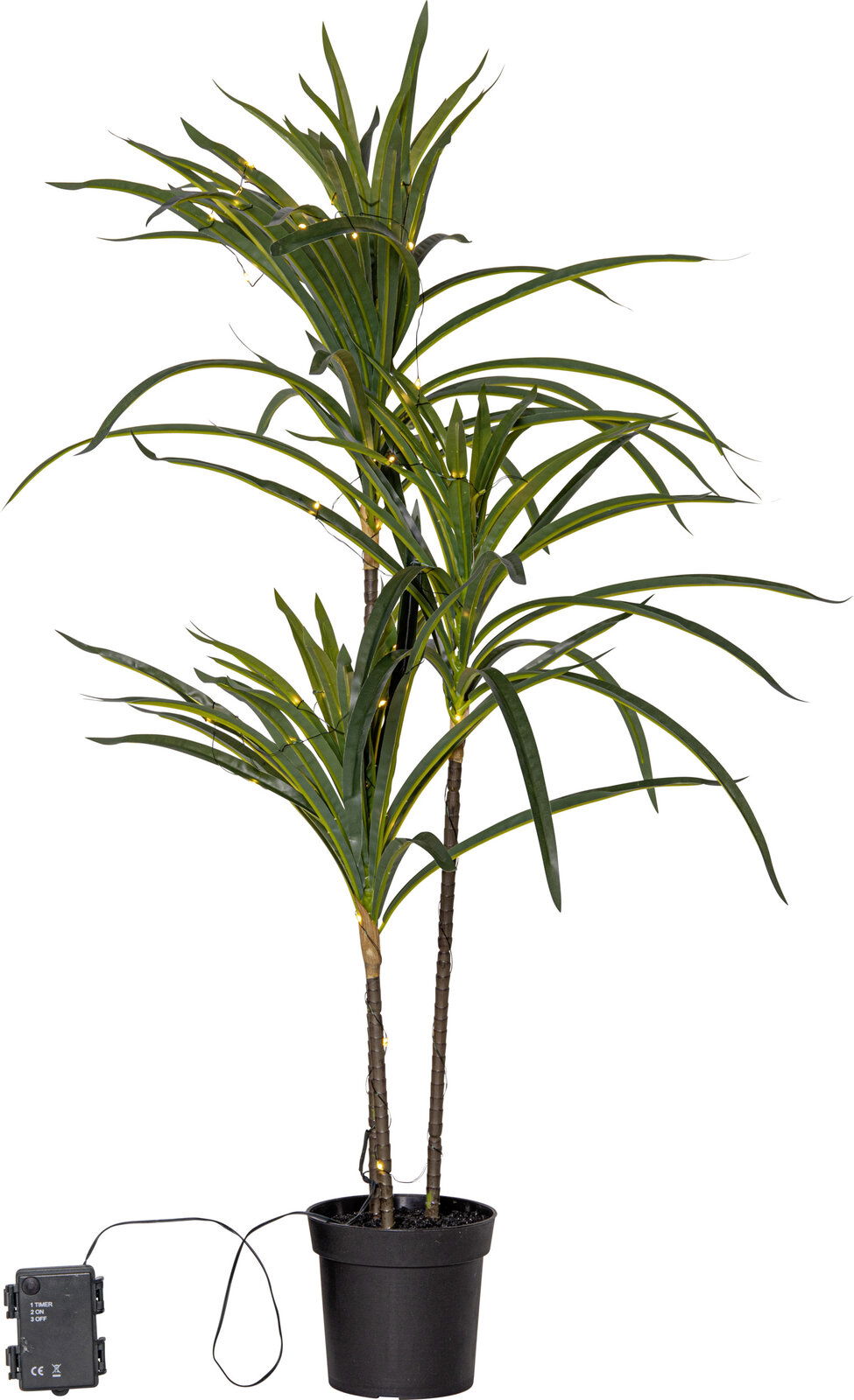 Künstliche Zimmerpflanze mit langen grünen Blättern und integrierter warmweißer LED-Lichterkette im schwarzen Topf, inklusive Kabel und Timer-Box, freigestellt auf weißem Hintergrund, Frontansicht.