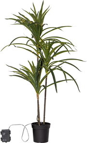 Künstliche Zimmerpflanze mit langen grünen Blättern und integrierter warmweißer LED-Lichterkette im schwarzen Topf, inklusive Kabel und Timer-Box, freigestellt auf weißem Hintergrund, Frontansicht.