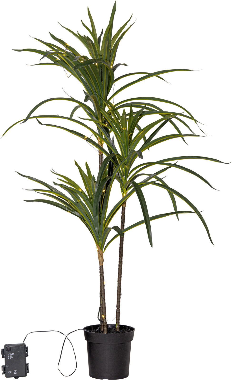 Künstliche Zimmerpflanze mit langen grünen Blättern und integrierter warmweißer LED-Lichterkette im schwarzen Topf, inklusive Kabel und Timer-Box, freigestellt auf weißem Hintergrund, Frontansicht.