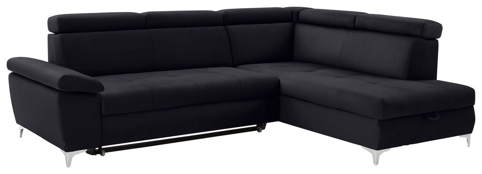 Schwarzes Ecksofa mit verstellbaren Kopfstützen und silbernen Füßen, Perspektive von vorne links.