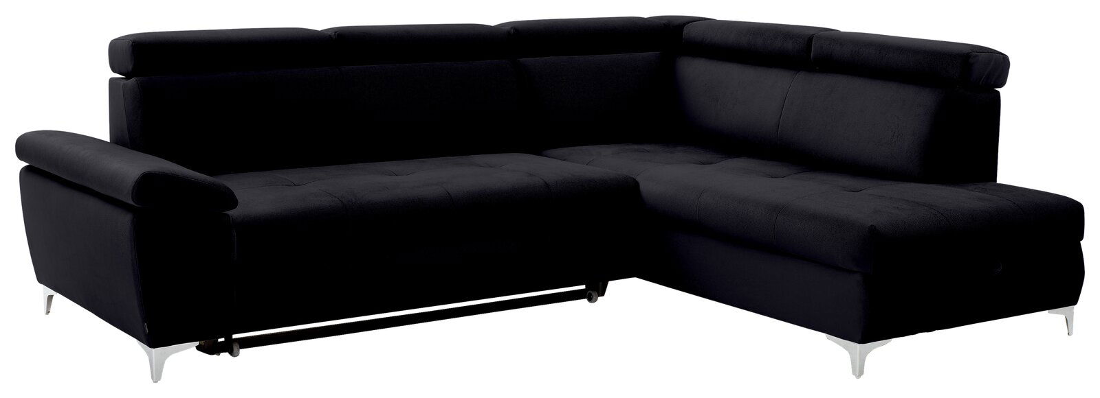 Schwarzes Ecksofa mit verstellbaren Kopfstützen und silbernen Füßen, Perspektive von vorne links.