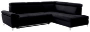 Schwarzes Ecksofa mit verstellbaren Kopfstützen und silbernen Füßen, Perspektive von vorne links.