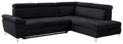Schwarzes Ecksofa mit verstellbaren Kopfstützen und silbernen Füßen, Perspektive von vorne links.